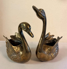 Vintage MCM Brass Swan Bird Planters Collectible Swan Figurine Set picture