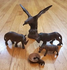 Vintage Hand Crafted Carved Wood Animals Folk Art Zebta Rhino Lion Eagle picture