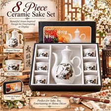 VTG Japanese 8 Piece Porcelain Tea Set Sake Set Crane Design Decanter Teapot picture