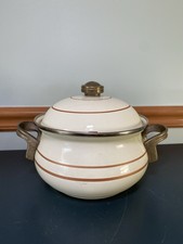 Vintage M. Kamenstein Enamel Brass Beige Brown Stripe 7”Casserole Pot w/ Lid picture