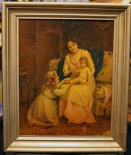 Antique Original Hand Painted Porcelain Painting 16x20 Mother & Children Framed picture