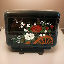 Vintage Japanese Black Lacquer Floral Motif Stacking Jewelry Box picture