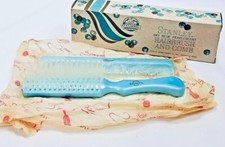 NEW Vintage STANLEY Sky Blue Pearlescent Hairbrush & Comb Set Nylon Bristles NOS picture