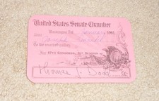 1961 United States Senate Chamber Visitor Pass Thomas Dodd Senator Connecticut picture