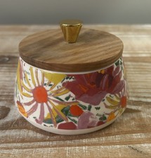 Opalhouse Floral Ceramic Stoneware Storage Canister w/Flat Natural Wood Lid picture