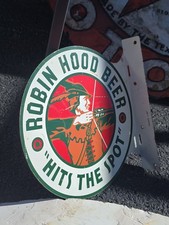 RARE 1930s ROBIN HOOD OMAHA NEBRASKA BEER PAINTED METAL 2-SIDED FLANGE SIGN picture