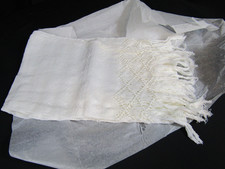 NEW VINTAGE 1970's WHITE COTTON FRINGED SHAWL HAND SPUN/LOOMED CHIAPAS MEXICO picture