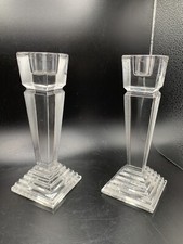 Vintage Pair Art Deco Crystal Candle Holders Stepped Geometric Square picture