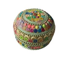 Vintage Bohemian Multi-Color Beaded Round Trinket Box Case Handcrafted signed picture