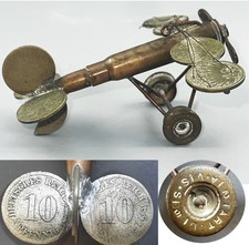Antique WWI TRENCH ART AIRPLANE MODEL 1874 GERMAN 10 PFENNIG COINS BRASS picture