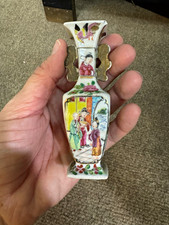 Antique Hand Painted Chinese Porcelain Square Miniature Vase, Birds Floral picture