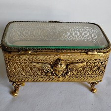 Vtg STYLEBUILT gld filigree velvet Lined Jewelry Box bevel cherub/godess face HR picture