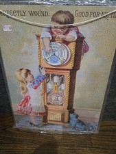 Kids & Grandfather Clock Machine Cotton Johnson VT Victorian Repro Tin Sign picture