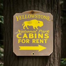 Vintage Yellowstone National Park Porcelain Sign Cabins Wyoming Yosemite Geyser picture