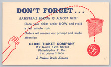 Vintage 1958 Globe Ticket Company Basketball Season Promo Card Philadelphia PA picture