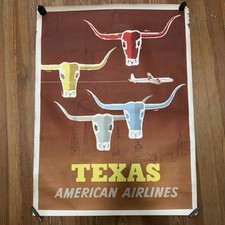 Vintage Original American Airlines Texas Travel Poster Longhorn Oil Rigs 1953 picture