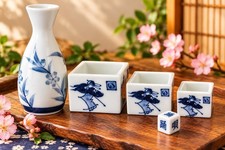 VTG Japanese Sake Drinking Game - Dice, 3 Porcelain Cups & Sake Bottle Ceramic picture
