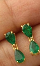 Estate Tiny High Quality Royal Emerald 18K Yellow Gold Over Hanging Earrings 2PC picture