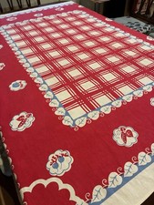 Vtg Mid Century Red Plaid Tablecloth Fruit Leaf Border 64x51 Cotton Selvedge picture