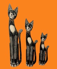 Vtg 39” Indonesian Hand Carved  Cat Wood Statues Black White Halloween Set Of 3 picture