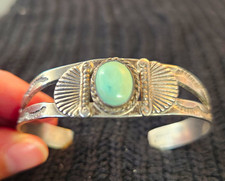 Vintage 1930s Navajo Coin Silver Turquoise Split Shank Cuff Bracelet 14g picture