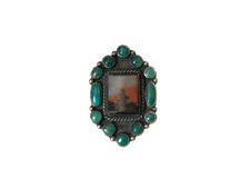 Navajo Turquoise Picture Agate Vintage Ring Sterling Silver 925 Size 7.5 ADJ picture