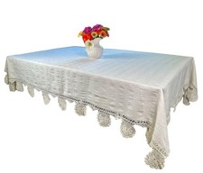 Antique c1900 Thick Handwoven Linen Tablecloth w/ Crochet Lace Trim 68 x 83 picture