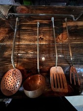Vintage Copper And Brass Kitchen Utensil Set With Rack picture