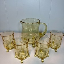 VINTAGE HEISEY EMPRESS SAHARA 3-TOED DOLPHIN JUG & 4 DOLPHIN FOOTED TUMBLERS picture
