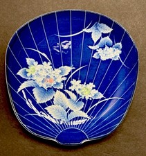 VTG SET 5- Fukagawa Japanese Fan Shaped Porcelain Plate 6.25” Blue Floral Dish picture