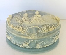 VINTAGE BLUE INCOLAY STONE JEWELRY BOX CHILDREN WEAVING FLOWER WREATHS picture