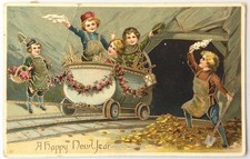Vintage Embossed Happy New Year Children Mine Cart Gold Coins Postcard 1911 picture