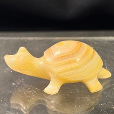 Vintage Hand Carved Banded Onyx Turtle Figurine Yellow Cream Stone Tortoise 2