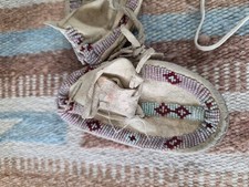 Native American Childs Regalia Lot 1985 Beaded Moccasins And Hand Woven Basket. picture