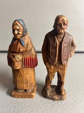 Vintage Hand Carved Wood Folk Art Man & Woman Figurines Painted Pair 4.5