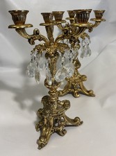 Antique Pair Rococo Revival Baroque Style Brass Crystals 3 Arm Candelabras #5217 picture