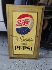 c.1940s Original Vintage Serve Pepsi Sign Metal Rack Topper 2 Sided Be Sociable picture