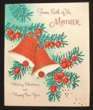 Vintage Christmas Greeting Card Red Bells w Evergreens & Berries Gilded Norcross picture