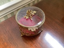 Vintage Mid Century Modern Gold Ormolu Round Vanity Rose Accent Jewelry Box picture