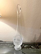 Vtg MCM Viking Glass Swung Vase Cabbage Leaf Clear Satin Footed Base 13.25