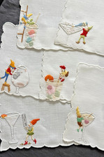 Vintage Cocktail Napkins Madeira Embroidered ELVES & COCKTAILS  Linen 6 picture
