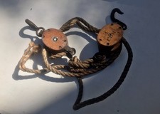 2 Antique Boston Lockport Block & Tackle Double Pulley Vintage Wood Pulleys Rope picture