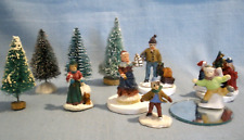 VINTAGE ASSORTED VILLAGE ACCESSORIES~11 PCS~TREES, MIRROR POND~PEOPLE picture