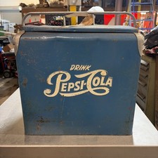 Vtg 1950s Pepsi Cola Blue Metal Picnic Cooler Ice Chest Gas Oil Sign Advertising picture