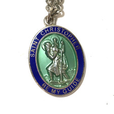 Vintage Sterling Blue Green Enamel St. Christopher Medal Pendant w/ Metal Chain picture
