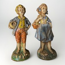 Vintage French Farm Boy And Girl Chalkware Figurines picture