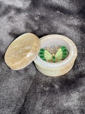 Vintage Handcrafted Round Soapstone Trinket Box Wtih Butrerfly Pin picture