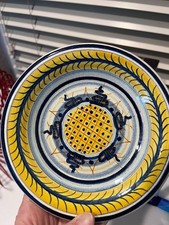 Vintage Italian Majolica Hand-Painted Ceramic Plate - Tuscan Yellow & Blue Art P picture