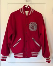 Vintage Red 1970s Forks WA (Twilight) Fire Dept Wool Varsity Jacket. picture