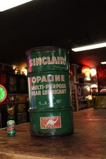 SCARCE 1930s LARGE SINCLAIR DINO LUBRICANT PAINTED METAL CAN BARREL GAS OIL SIGN picture